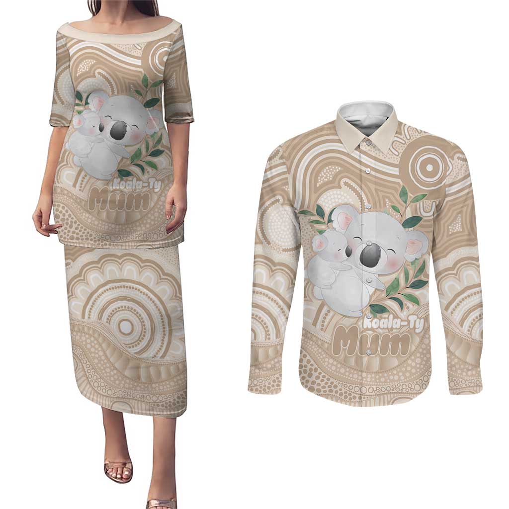 Koala Mum Australia Mother's Day Personalised Couples Matching Puletasi and Long Sleeve Button Shirt Beige Aboriginal Art