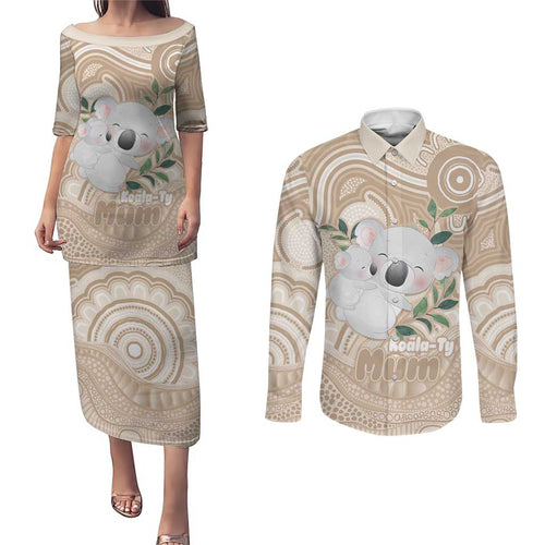 Koala Mum Australia Mother's Day Personalised Couples Matching Puletasi and Long Sleeve Button Shirt Beige Aboriginal Art