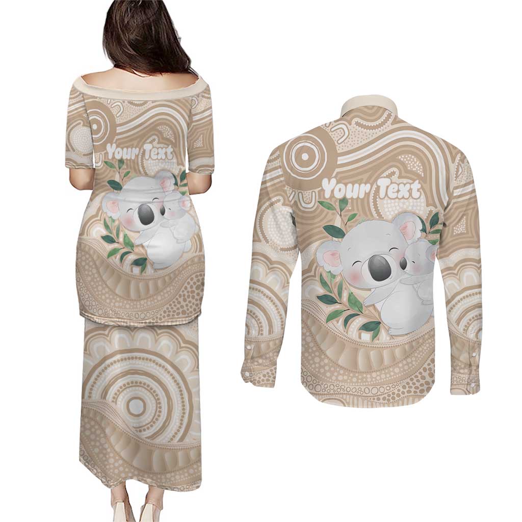 Koala Mum Australia Mother's Day Personalised Couples Matching Puletasi and Long Sleeve Button Shirt Beige Aboriginal Art