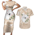 Koala Mum Australia Mother's Day Personalised Couples Matching Short Sleeve Bodycon Dress and Hawaiian Shirt Beige Aboriginal Art