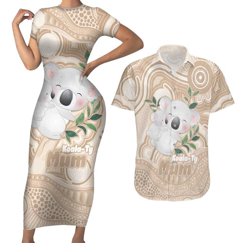 Koala Mum Australia Mother's Day Personalised Couples Matching Short Sleeve Bodycon Dress and Hawaiian Shirt Beige Aboriginal Art