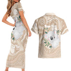 Koala Mum Australia Mother's Day Personalised Couples Matching Short Sleeve Bodycon Dress and Hawaiian Shirt Beige Aboriginal Art