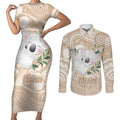 Koala Mum Australia Mother's Day Personalised Couples Matching Short Sleeve Bodycon Dress and Long Sleeve Button Shirt Beige Aboriginal Art