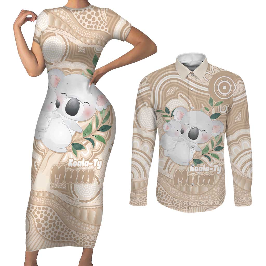 Koala Mum Australia Mother's Day Personalised Couples Matching Short Sleeve Bodycon Dress and Long Sleeve Button Shirt Beige Aboriginal Art