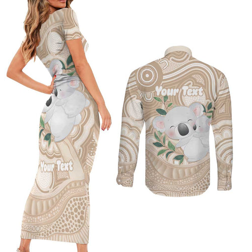 Koala Mum Australia Mother's Day Personalised Couples Matching Short Sleeve Bodycon Dress and Long Sleeve Button Shirt Beige Aboriginal Art