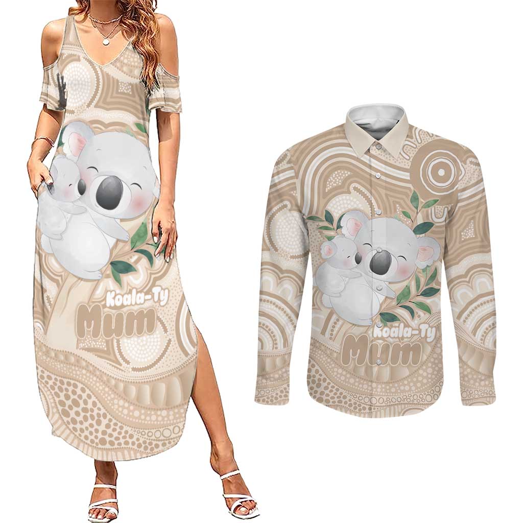 Koala Mum Australia Mother's Day Personalised Couples Matching Summer Maxi Dress and Long Sleeve Button Shirt Beige Aboriginal Art