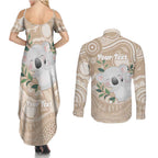Koala Mum Australia Mother's Day Personalised Couples Matching Summer Maxi Dress and Long Sleeve Button Shirt Beige Aboriginal Art