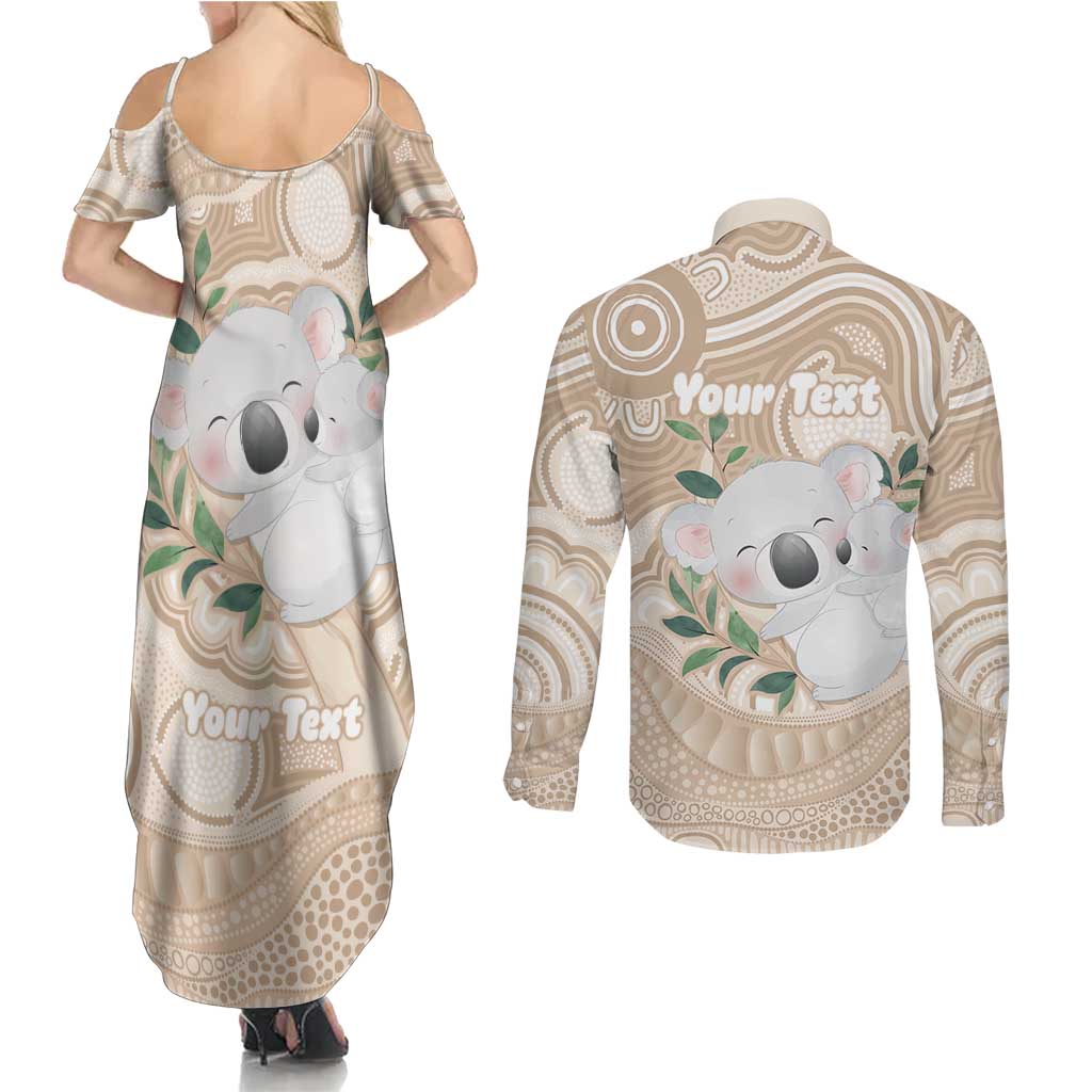 Koala Mum Australia Mother's Day Personalised Couples Matching Summer Maxi Dress and Long Sleeve Button Shirt Beige Aboriginal Art