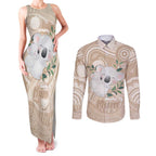 Koala Mum Australia Mother's Day Personalised Couples Matching Tank Maxi Dress and Long Sleeve Button Shirt Beige Aboriginal Art