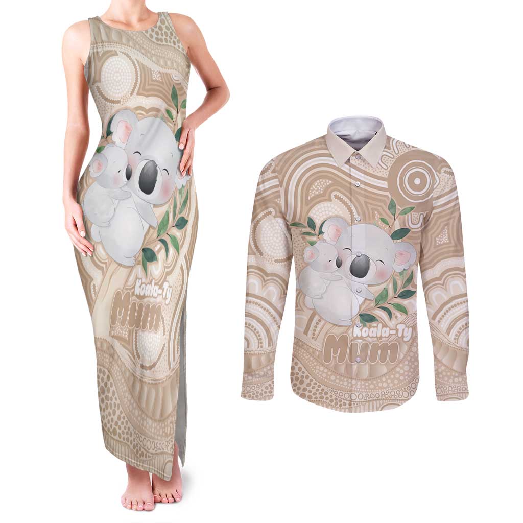Koala Mum Australia Mother's Day Personalised Couples Matching Tank Maxi Dress and Long Sleeve Button Shirt Beige Aboriginal Art