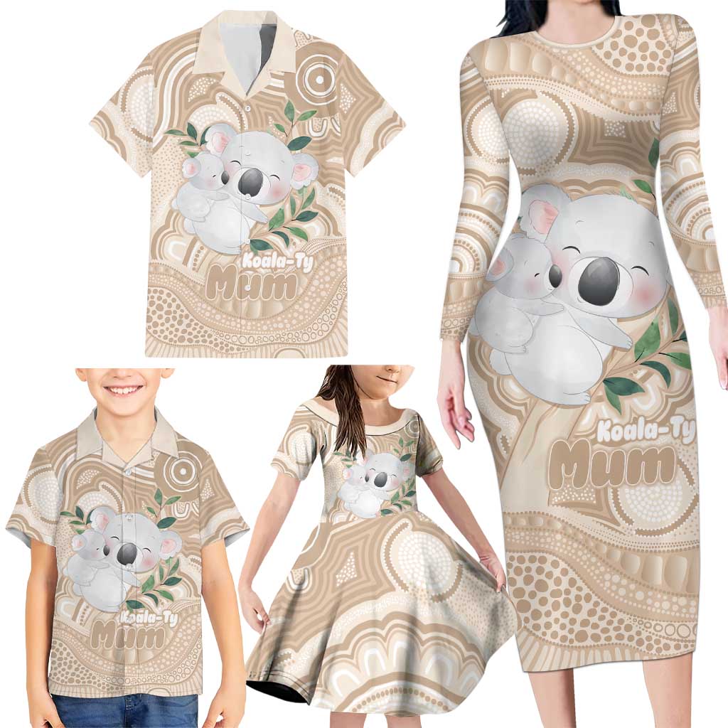 Koala Mum Australia Mother's Day Personalised Family Matching Long Sleeve Bodycon Dress and Hawaiian Shirt Beige Aboriginal Art