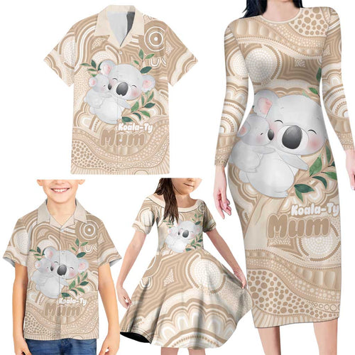 Koala Mum Australia Mother's Day Personalised Family Matching Long Sleeve Bodycon Dress and Hawaiian Shirt Beige Aboriginal Art