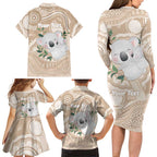 Koala Mum Australia Mother's Day Personalised Family Matching Long Sleeve Bodycon Dress and Hawaiian Shirt Beige Aboriginal Art