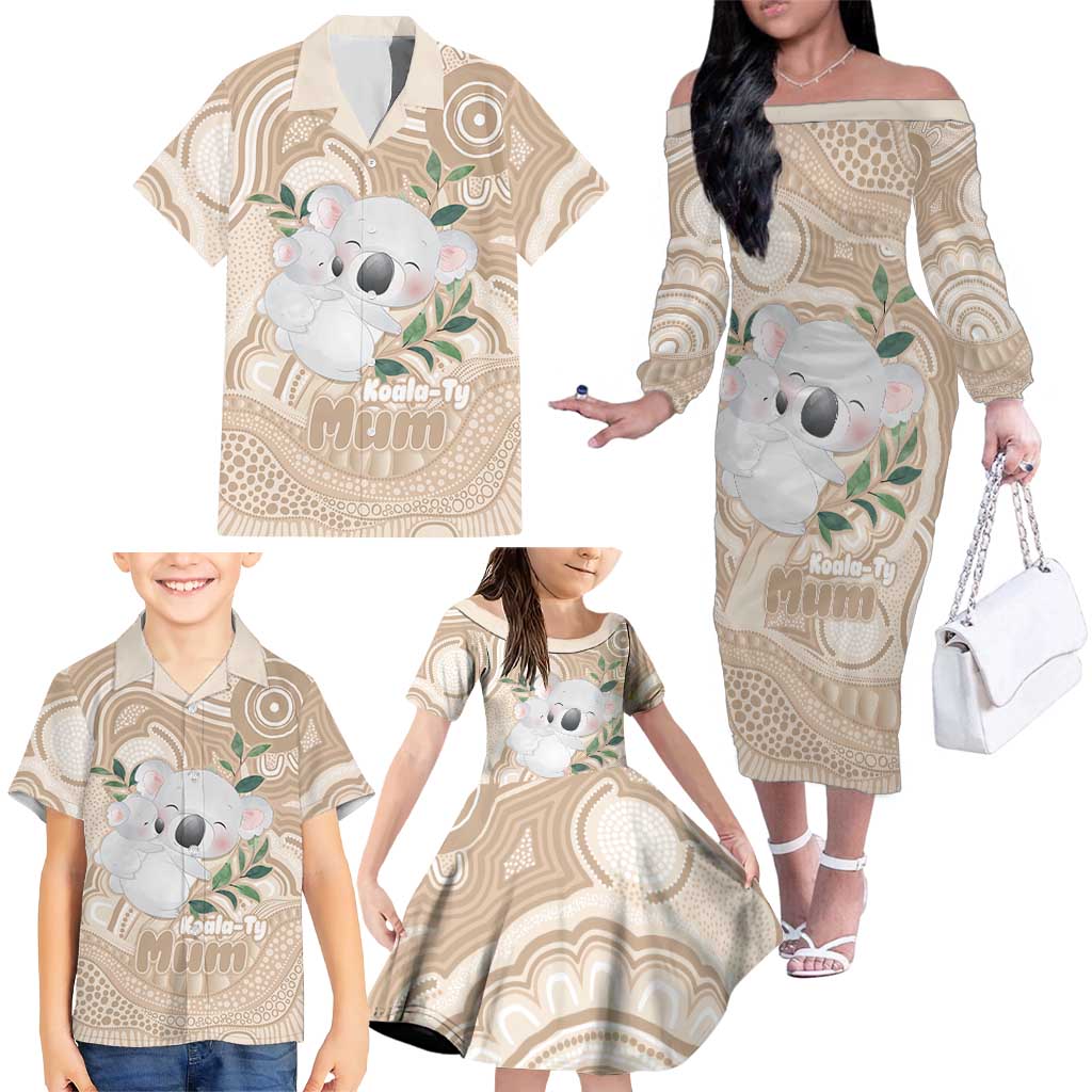 Koala Mum Australia Mother's Day Personalised Family Matching Off The Shoulder Long Sleeve Dress and Hawaiian Shirt Beige Aboriginal Art