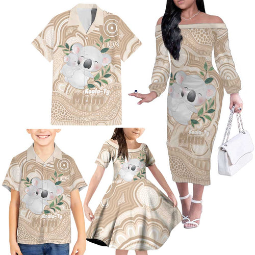 Koala Mum Australia Mother's Day Personalised Family Matching Off The Shoulder Long Sleeve Dress and Hawaiian Shirt Beige Aboriginal Art