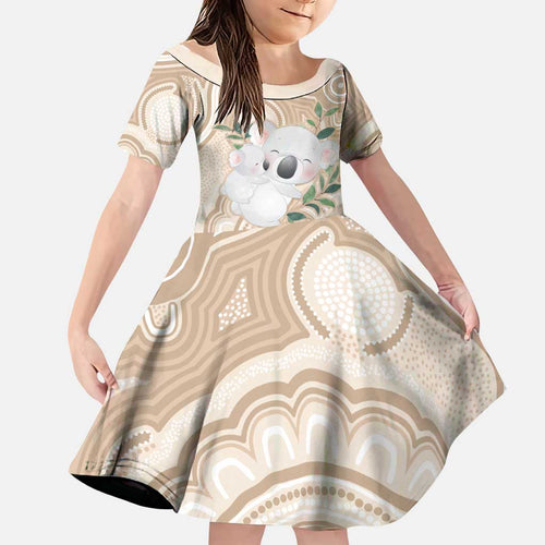 Koala Mum Australia Mother's Day Personalised Family Matching Off The Shoulder Long Sleeve Dress and Hawaiian Shirt Beige Aboriginal Art