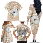 Koala Mum Australia Mother's Day Personalised Family Matching Off The Shoulder Long Sleeve Dress and Hawaiian Shirt Beige Aboriginal Art