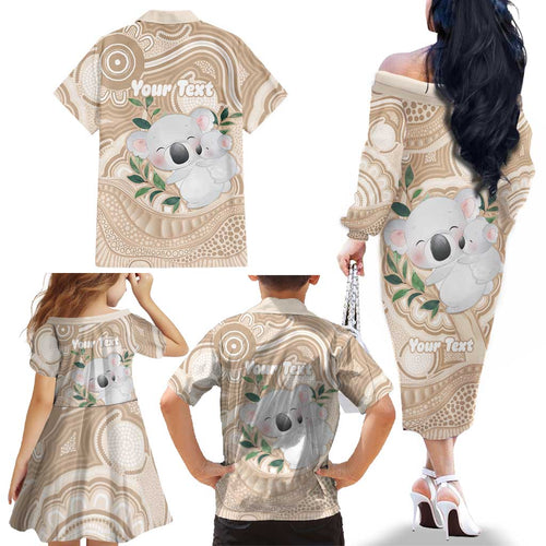 Koala Mum Australia Mother's Day Personalised Family Matching Off The Shoulder Long Sleeve Dress and Hawaiian Shirt Beige Aboriginal Art