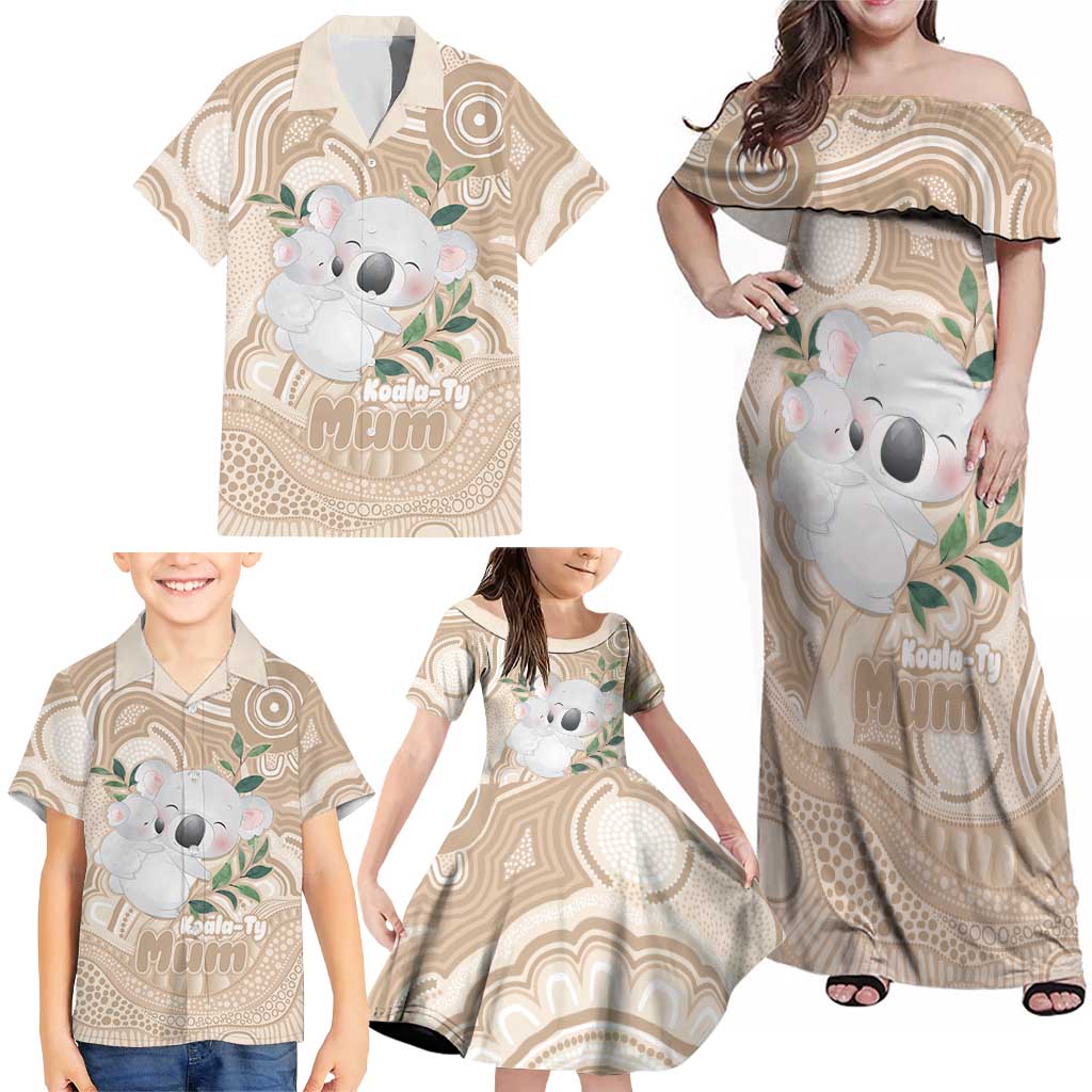 Koala Mum Australia Mother's Day Personalised Family Matching Off Shoulder Maxi Dress and Hawaiian Shirt Beige Aboriginal Art