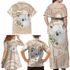 Koala Mum Australia Mother's Day Personalised Family Matching Off Shoulder Maxi Dress and Hawaiian Shirt Beige Aboriginal Art
