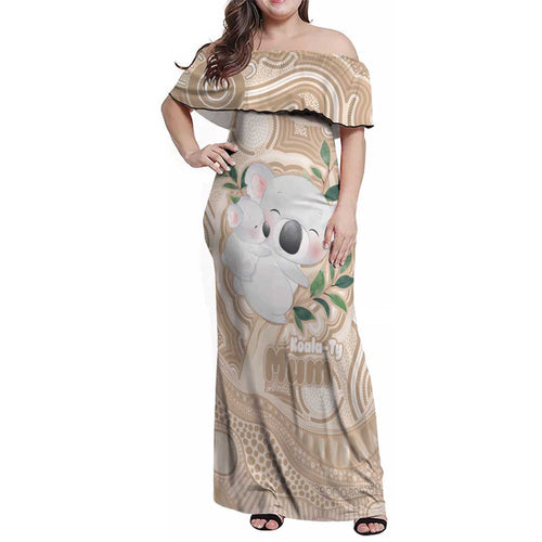 Koala Mum Australia Mother's Day Personalised Family Matching Off Shoulder Maxi Dress and Hawaiian Shirt Beige Aboriginal Art