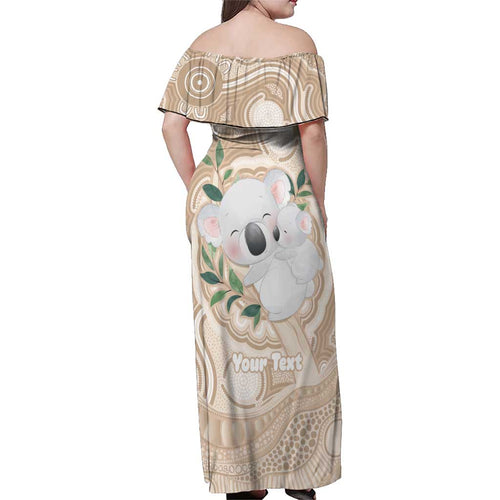 Koala Mum Australia Mother's Day Personalised Family Matching Off Shoulder Maxi Dress and Hawaiian Shirt Beige Aboriginal Art