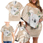 Koala Mum Australia Mother's Day Personalised Family Matching Off Shoulder Short Dress and Hawaiian Shirt Beige Aboriginal Art