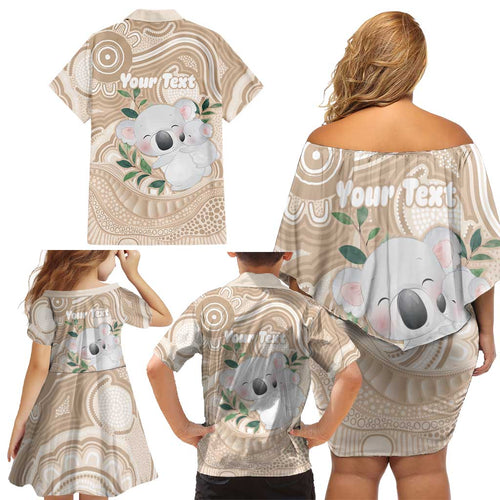 Koala Mum Australia Mother's Day Personalised Family Matching Off Shoulder Short Dress and Hawaiian Shirt Beige Aboriginal Art