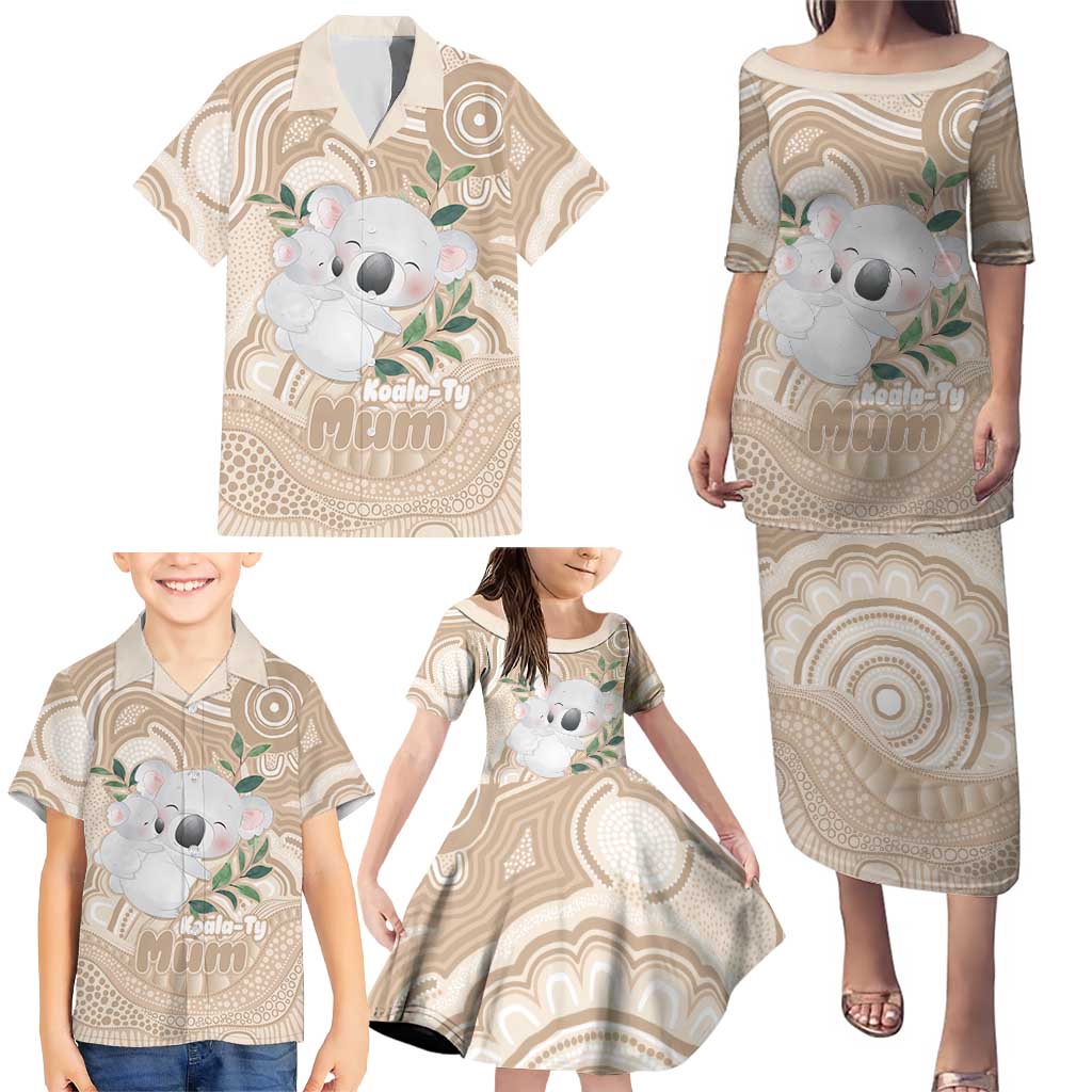Koala Mum Australia Mother's Day Personalised Family Matching Puletasi and Hawaiian Shirt Beige Aboriginal Art