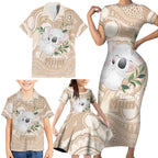 Koala Mum Australia Mother's Day Personalised Family Matching Short Sleeve Bodycon Dress and Hawaiian Shirt Beige Aboriginal Art