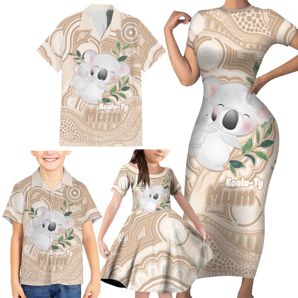 Koala Mum Australia Mother's Day Personalised Family Matching Short Sleeve Bodycon Dress and Hawaiian Shirt Beige Aboriginal Art