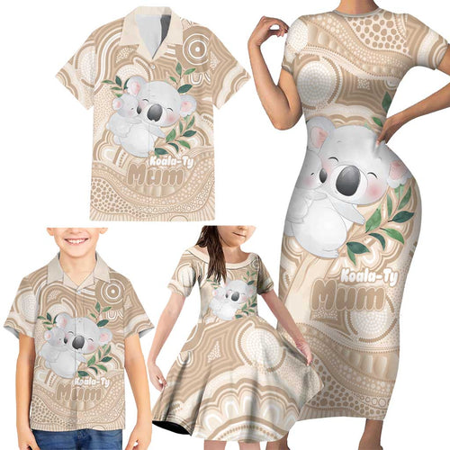 Koala Mum Australia Mother's Day Personalised Family Matching Short Sleeve Bodycon Dress and Hawaiian Shirt Beige Aboriginal Art