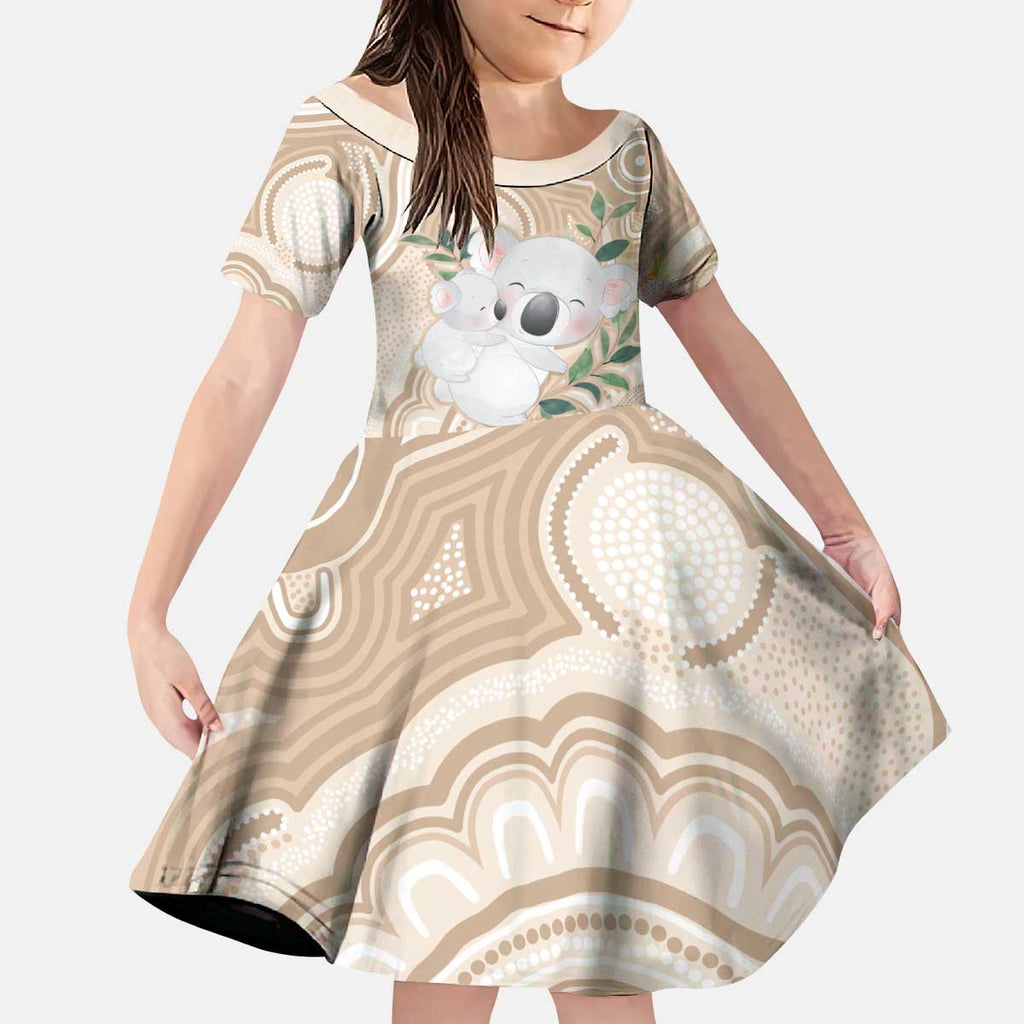 Koala Mum Australia Mother's Day Personalised Kid Short Sleeve Dress Beige Aboriginal Art