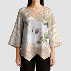 Koala Mum Australia Mother's Day Personalised Kimono Sleeve Blouse Beige Aboriginal Art