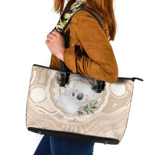 Koala Mum Australia Mother's Day Personalised Leather Tote Bag Beige Aboriginal Art