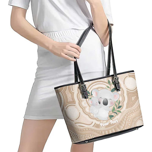 Koala Mum Australia Mother's Day Personalised Leather Tote Bag Beige Aboriginal Art