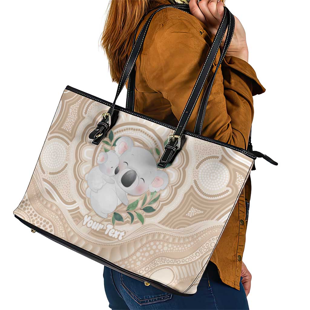 Koala Mum Australia Mother's Day Personalised Leather Tote Bag Beige Aboriginal Art