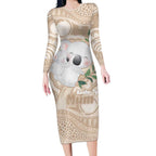 Koala Mum Australia Mother's Day Personalised Long Sleeve Bodycon Dress Beige Aboriginal Art