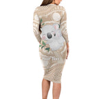 Koala Mum Australia Mother's Day Personalised Long Sleeve Bodycon Dress Beige Aboriginal Art