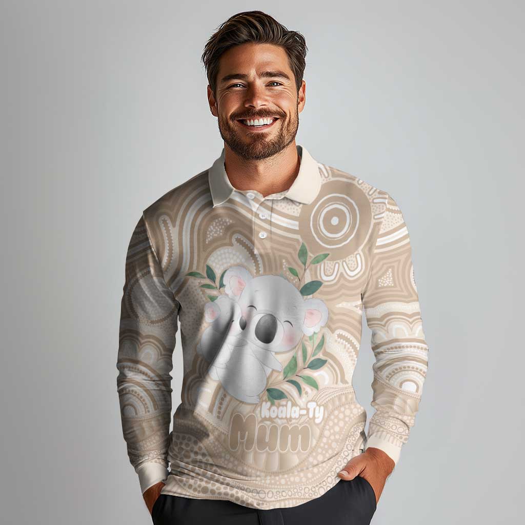 Koala Mum Australia Mother's Day Personalised Long Sleeve Polo Shirt Beige Aboriginal Art