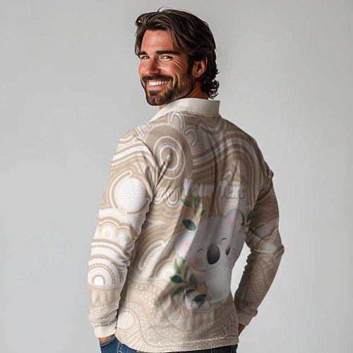 Koala Mum Australia Mother's Day Personalised Long Sleeve Polo Shirt Beige Aboriginal Art