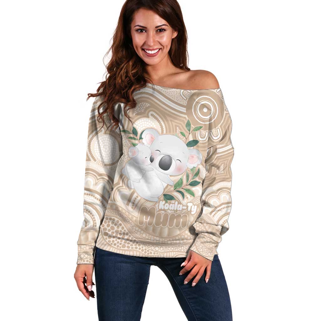 Koala Mum Australia Mother's Day Personalised Off Shoulder Sweater Beige Aboriginal Art