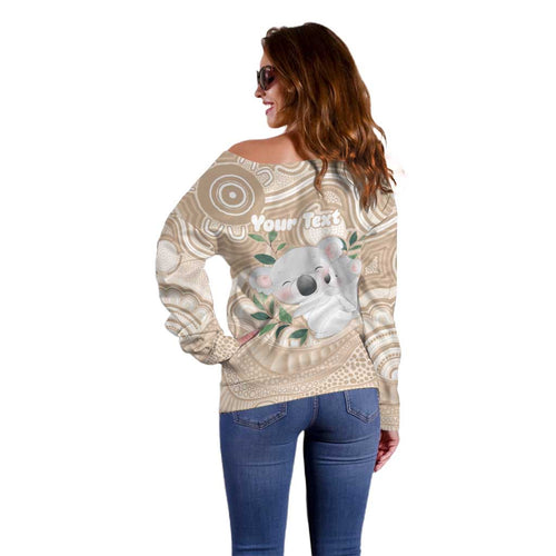 Koala Mum Australia Mother's Day Personalised Off Shoulder Sweater Beige Aboriginal Art