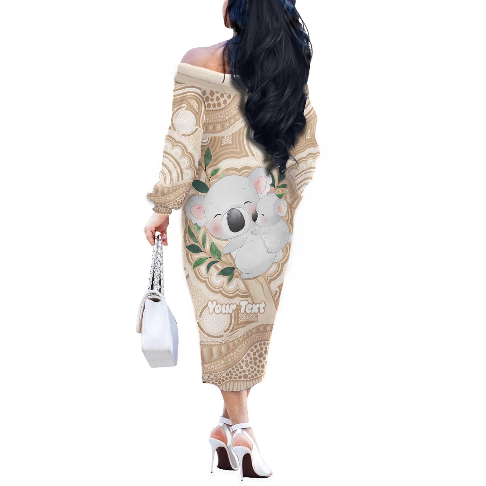 Koala Mum Australia Mother's Day Personalised Off The Shoulder Long Sleeve Dress Beige Aboriginal Art
