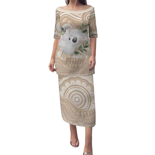 Koala Mum Australia Mother's Day Personalised Puletasi Beige Aboriginal Art