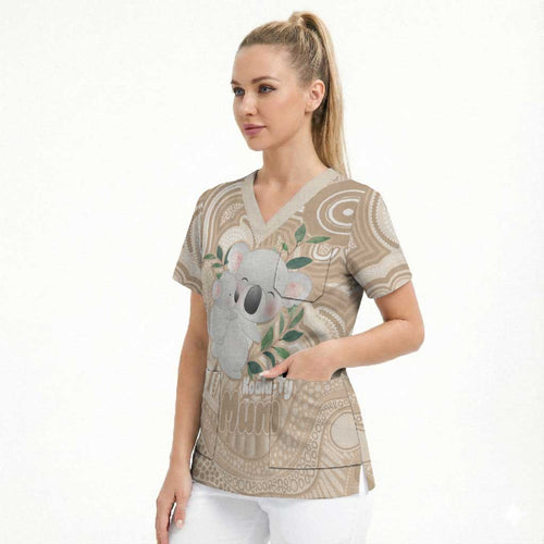 Koala Mum Australia Mother's Day Personalised Scrub Top Beige Aboriginal Art