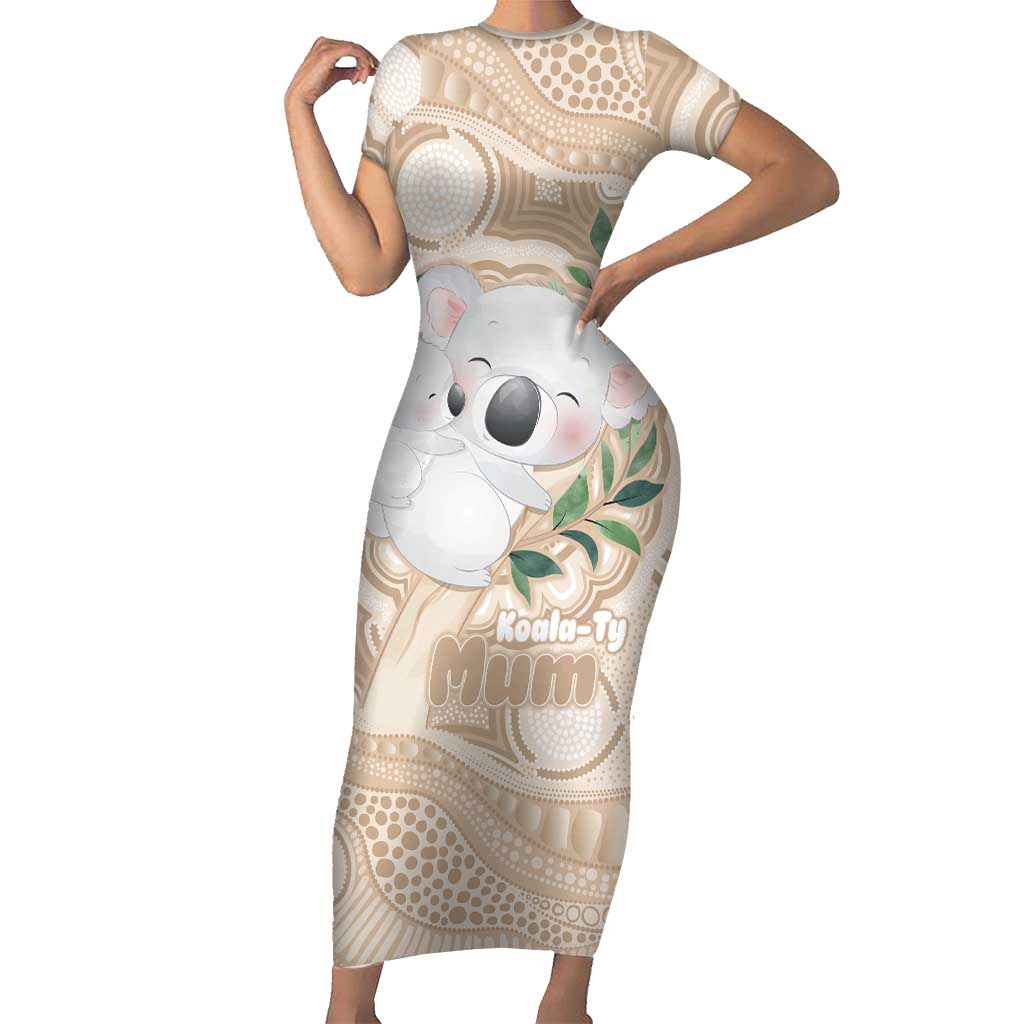 Koala Mum Australia Mother's Day Personalised Short Sleeve Bodycon Dress Beige Aboriginal Art