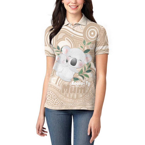 Koala Mum Australia Mother's Day Personalised Women Polo Shirt Beige Aboriginal Art
