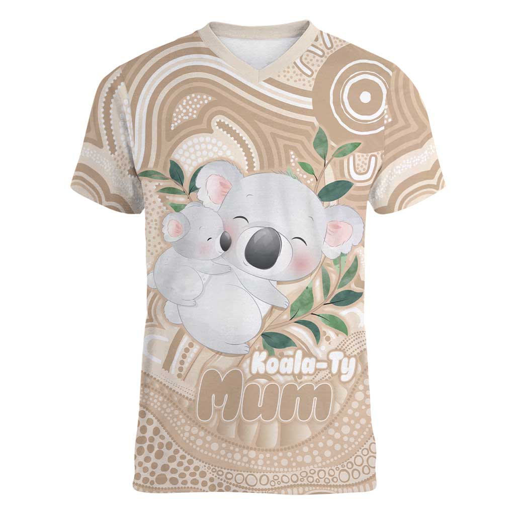 Koala Mum Australia Mother's Day Personalised Women V-Neck T-Shirt Beige Aboriginal Art