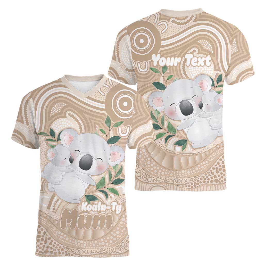 Koala Mum Australia Mother's Day Personalised Women V-Neck T-Shirt Beige Aboriginal Art